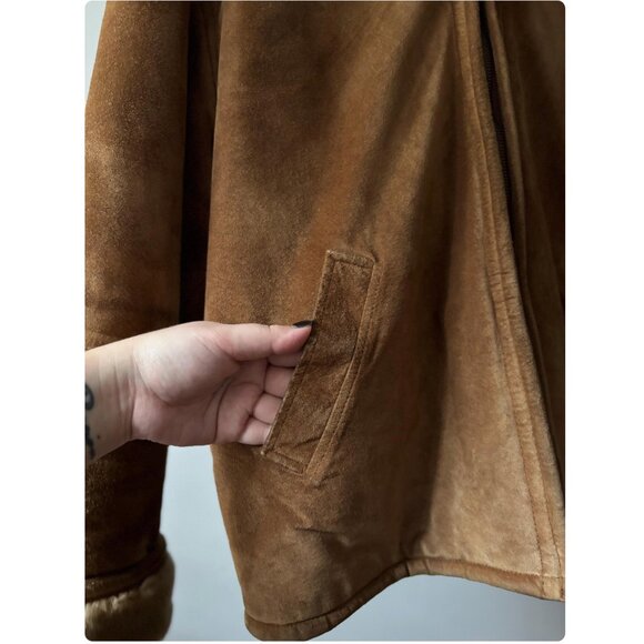 1990s Suede & Faux Fur Bomber Coat | Vintage Tan Aviator Jacket - Picture 4 of 8